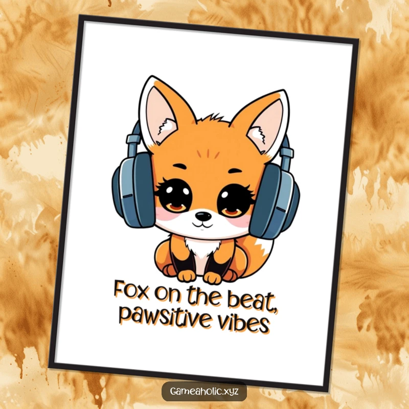 Funny Free Printable Wall Art: A kawaii fox in oversized headphones, eyes sparkling with excitement, ready to drop the beat.