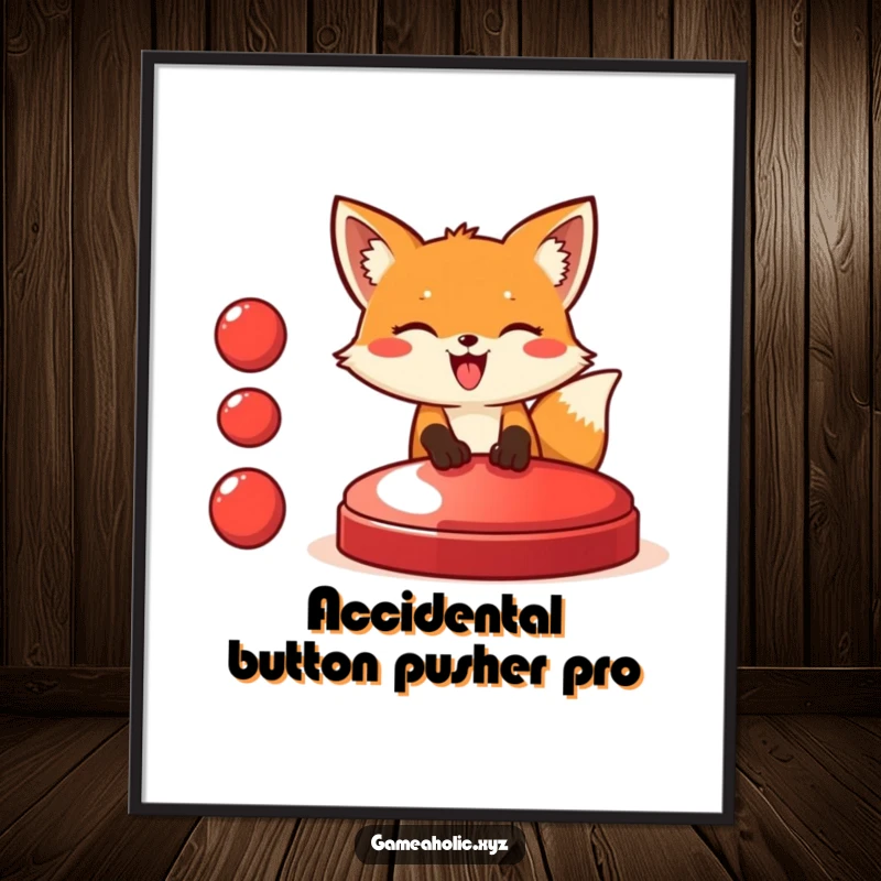 Funny Free Printable wall art of a giggling fox enthusiastically pressing a giant red button, symbolizing exciting moments.