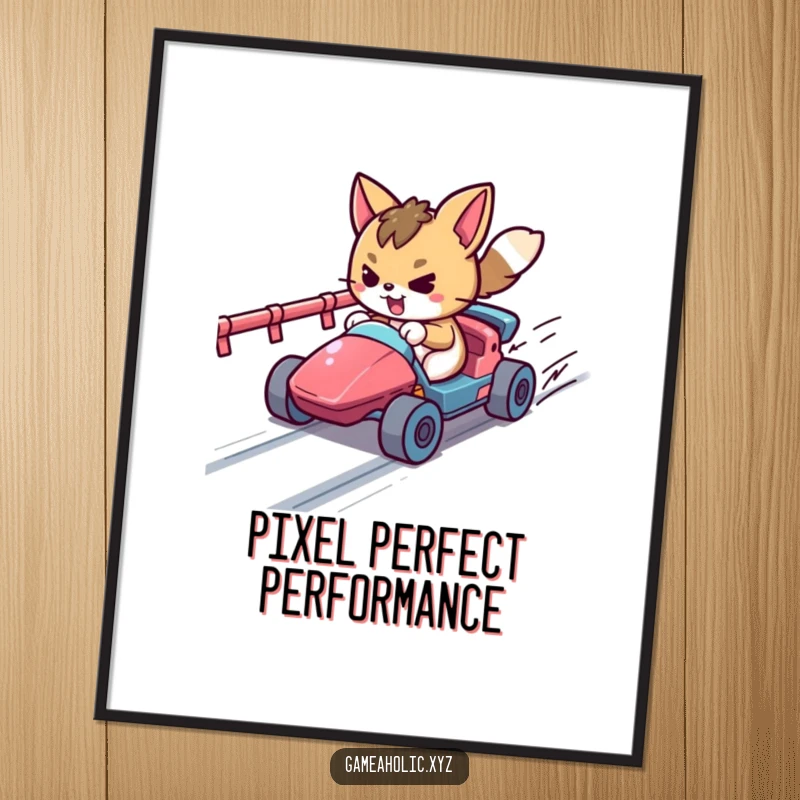 Funny Free Printable Wall Art featuring a determined animal character racing a tiny vehicle on a retro pixelated track, blending humor and nostalgia.