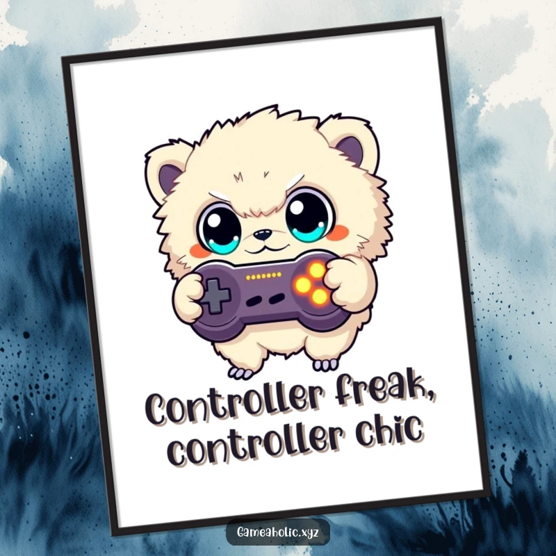 Funny Free Printable Wall Art: Fuzzy creature with big eyes intensely button mashing a glowing game controller, a true gamer.