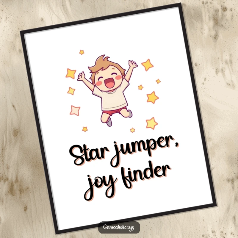 Funny Free Printable Wall Art: A character mid-leap, surrounded by vibrant pixelated stars, radiating pure gaming elation.