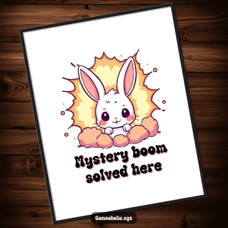 Funny Free Printable wall art of a curious rabbit peeking behind a massive pixelated explosion, symbolizing gaming excitement.