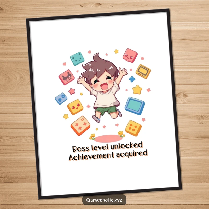 Funny Free Printable Wall Art: Energetic gamer character jumping high amidst a cascade of colorful game icons, celebrating victory.