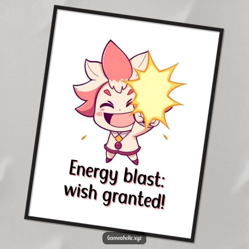Funny free printable wall art of a character grinning widely while aiming a comical energy blast, adding a humorous touch to any room.