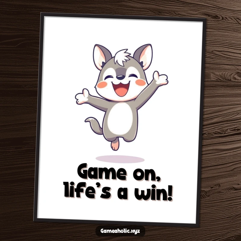 Funny Free Printable Wall Art: Determined animal with a wide grin triumphantly jumping after winning a game.