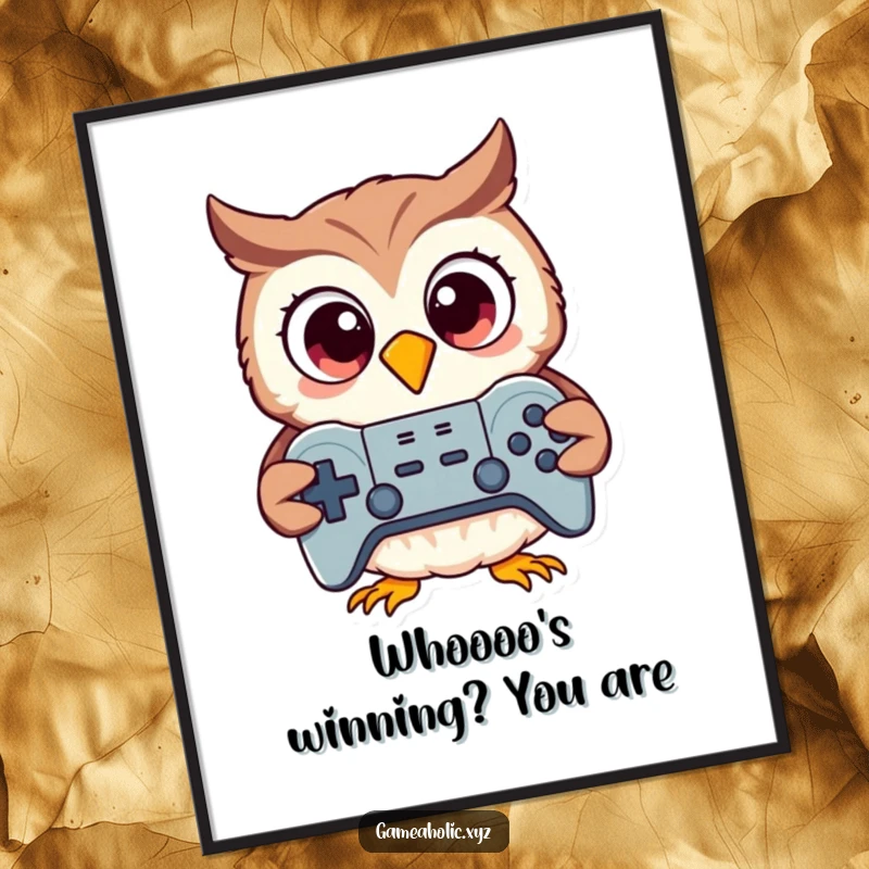 Funny Free Printable Wall Art of a cartoon owl with huge, excited eyes clutching a game controller, celebrating the joy of gaming.