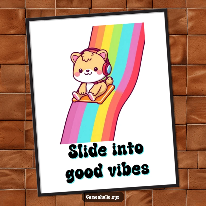 Funny Free Printable Wall Art: A cheerful animal with a headset slides down a rainbow pixelated slide, radiating happiness.