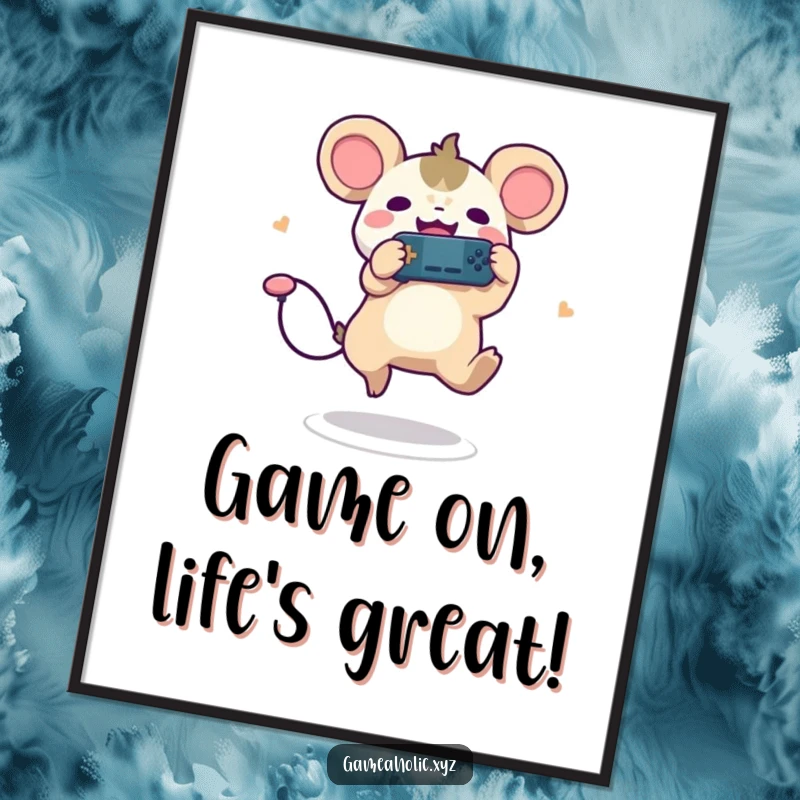 Funny Free Printable Wall Art: A cute creature with round ears leaps joyfully while holding a game controller, ready to play.