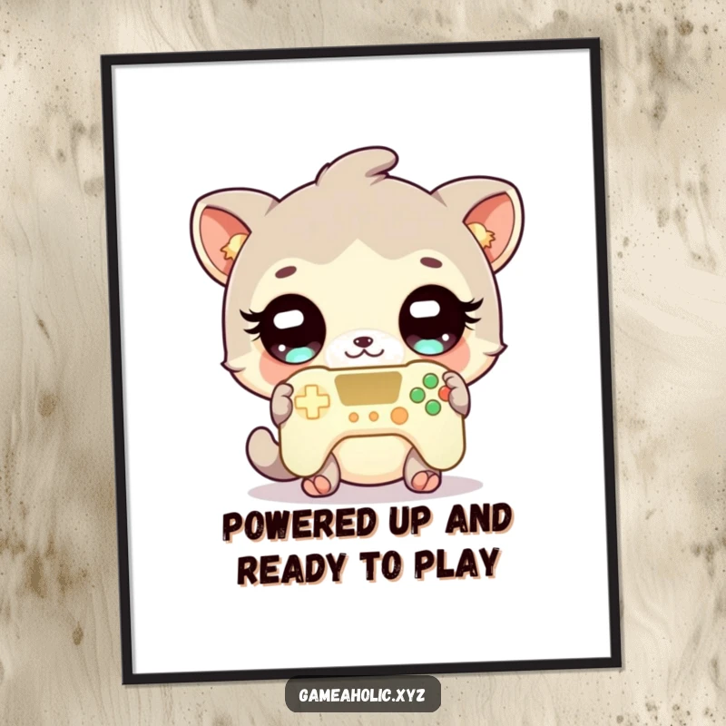 Funny free printable wall art of a cute animal with wide, sparkling eyes, proudly holding a bright, glowing video game controller.