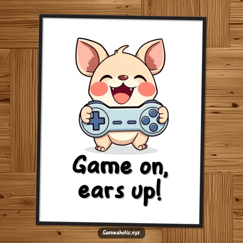 Funny Free Printable Wall Art: A cute creature with large ears gleefully clutches a game controller.