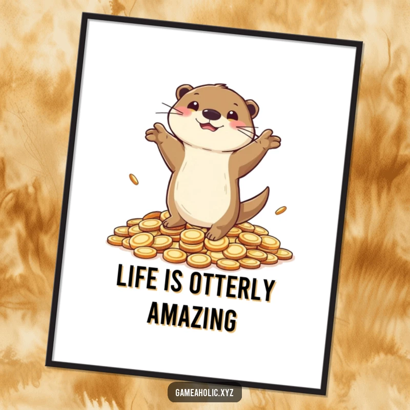 Funny Free Printable Wall Art of a gleeful otter performing a victory dance on a treasure trove of coins.