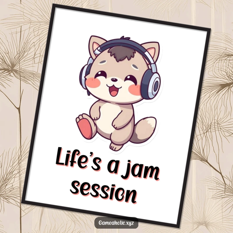 Funny Free Printable Wall Art: Cheerful animal sporting oversized headphones, tapping its foot to an unheard groovy beat.