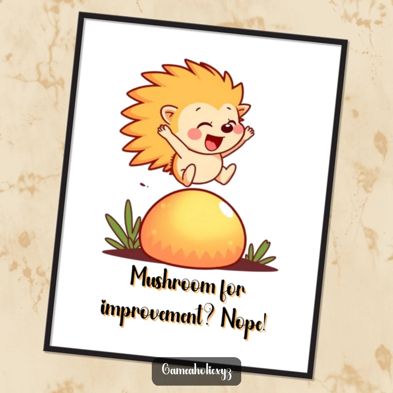 Funny Free Printable wall art of a cheerful hedgehog joyfully leaping over a large, luminous mushroom, capturing a moment of pure delight.