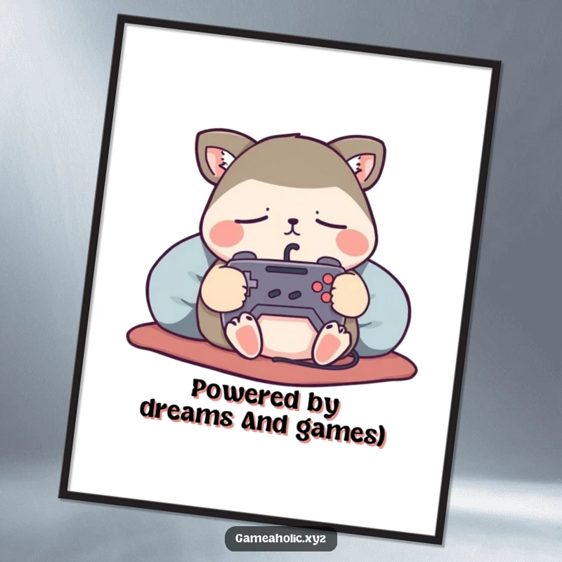 Funny Free Printable Wall Art: A content animal character peacefully sleeps, a tiny game controller held securely in its paws.