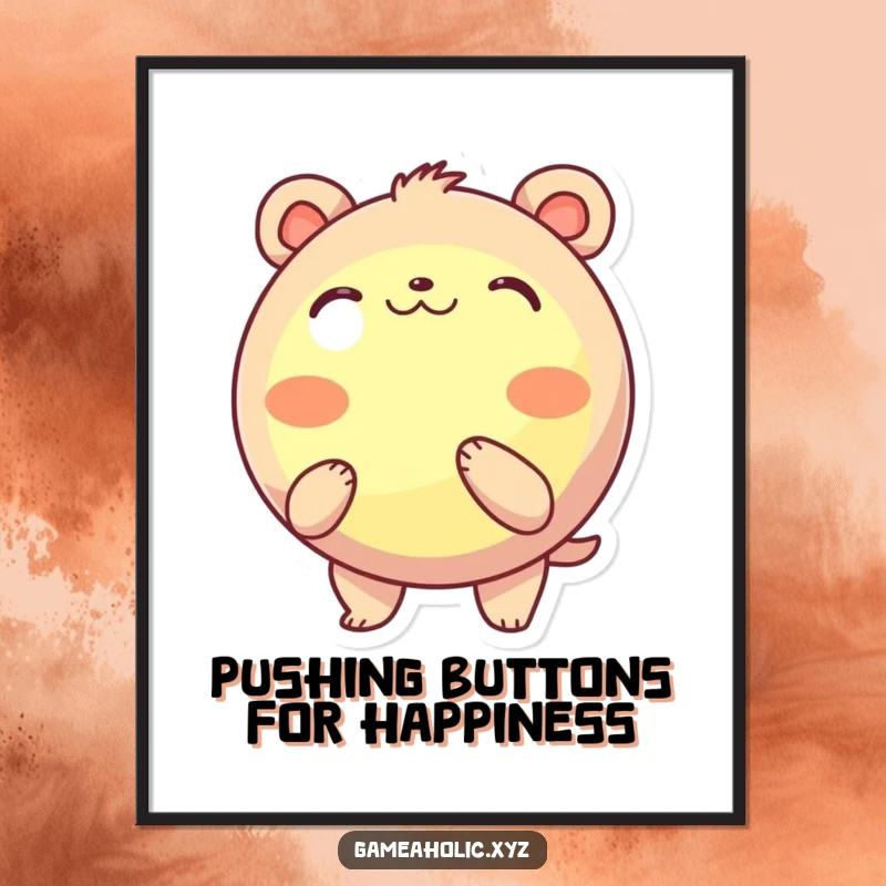 Funny Free Printable Wall Art: A round animal character eagerly pressing a large, glowing button, sparking imagination and fun.