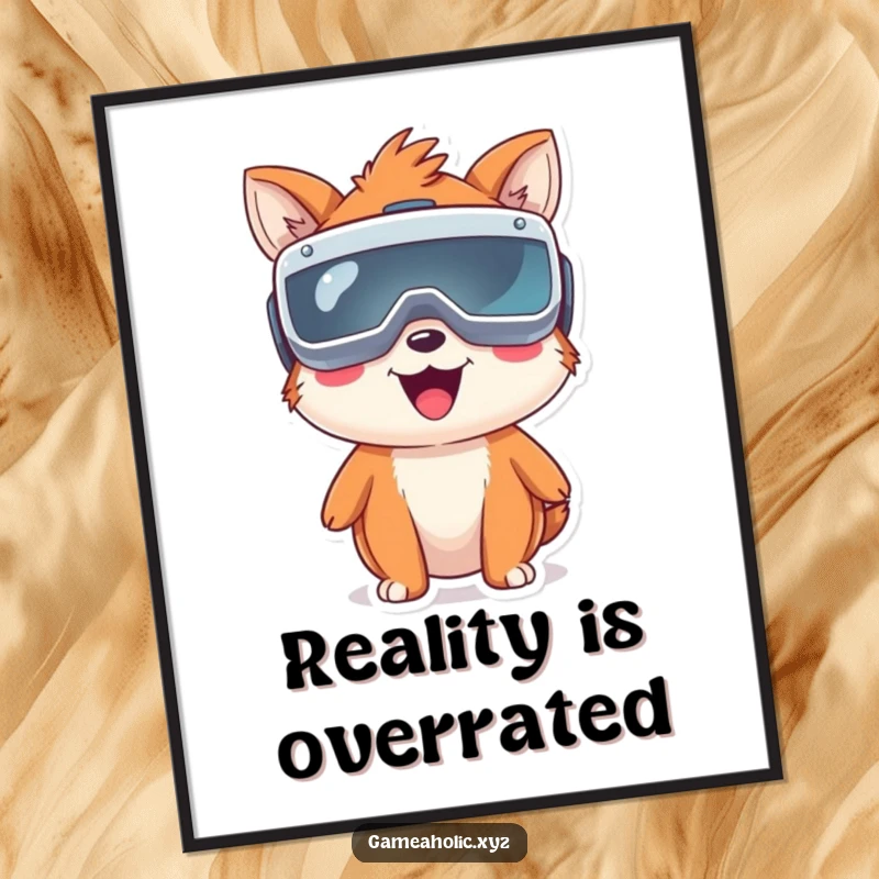 Funny Free Printable Wall Art of a happy animal character lost in virtual reality with oversized goggles, a humorous, tech-inspired piece.
