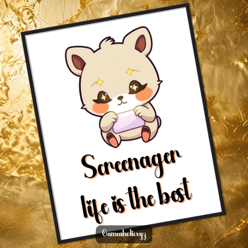 Funny Free Printable Wall Art: A stylized animal with starry eyes frantically taps on a glowing screen, captivating and quirky.