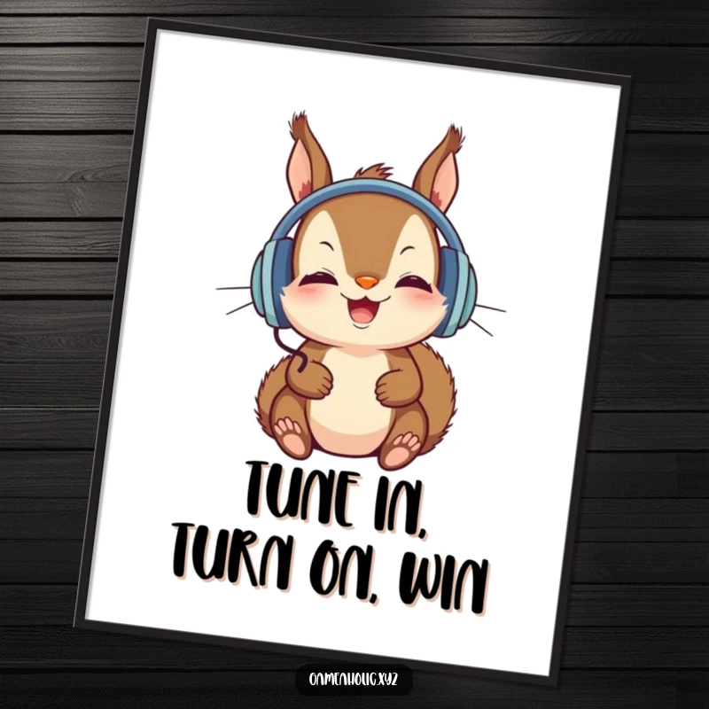 Funny Free Printable Wall Art of a squirrel wearing huge headphones, completely absorbed by a screen, a study in concentration.