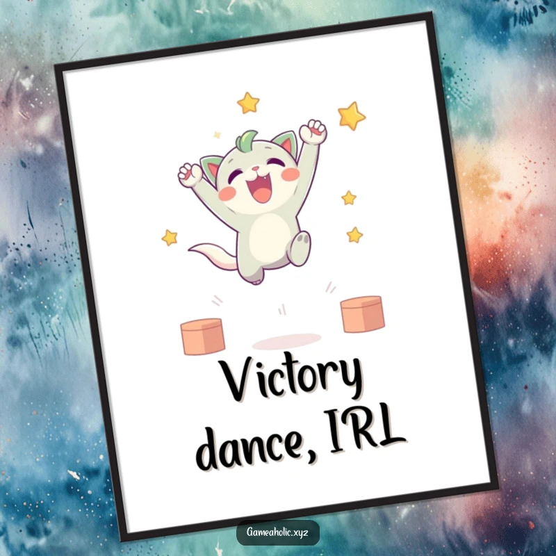 Funny Free Printable Wall Art: Energetic creature leaps high, celebrating a triumphant virtual win with glee.