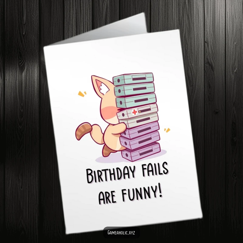 Funny free printable birthday card showing a comically tripping animal character overloaded with game cartridges, perfect for a gamer's birthday.