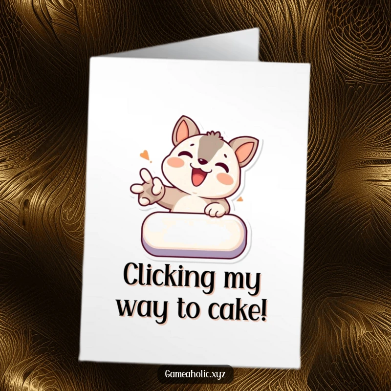 Funny Free Printable Birthday Card: Determined animal smashing a virtual button with pure joy, digitally designed.