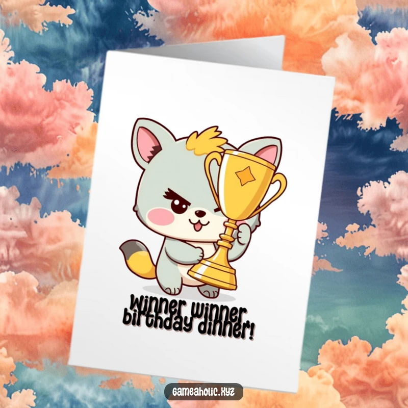 Funny Free Printable Birthday Card: Mischievous animal winks holding a golden trophy, celebrating victory with a huge grin.