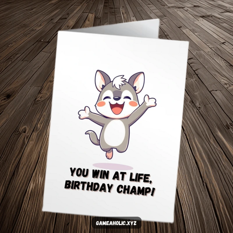 Funny Free Printable Birthday Card: Determined animal with a grin jumping joyfully after winning a game.