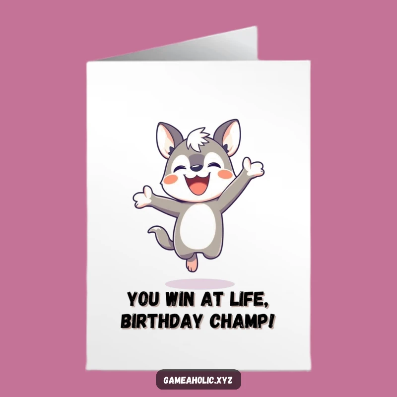 Free Printable Birthday Card: Funny Animal Winner Jumping for Joy - Downloadable Game Gift
