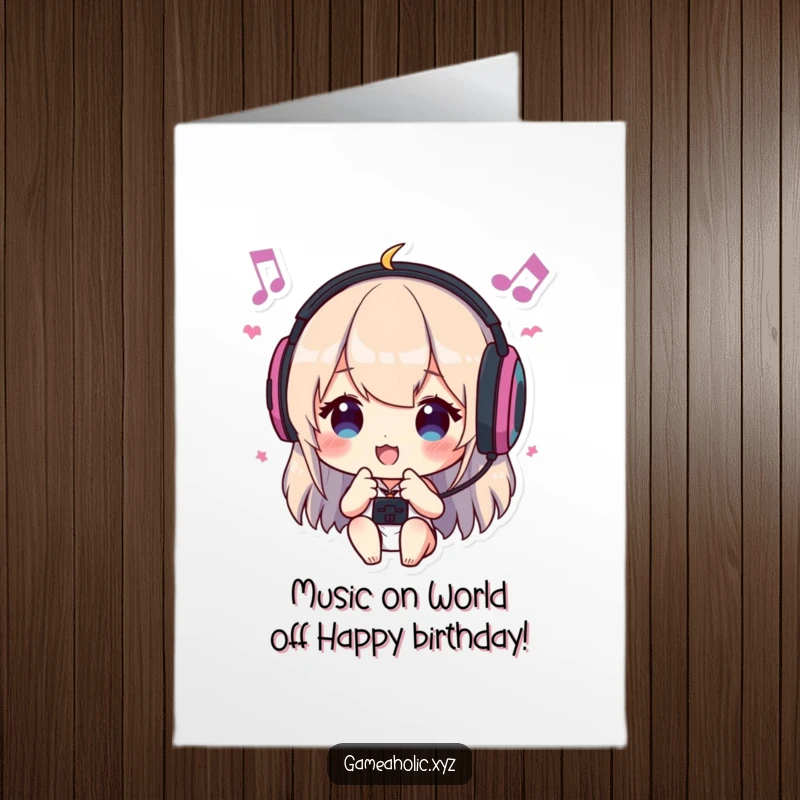 Funny Free Printable Birthday Card: Gamer with headphones bobbing head to in-game music, ready to party.