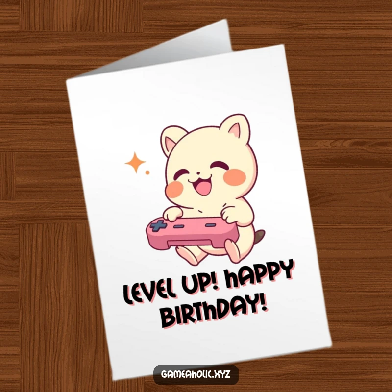 Funny Free Printable Birthday Card: A small creature enthusiastically mashing controller buttons with pure gaming joy for their birthday.
