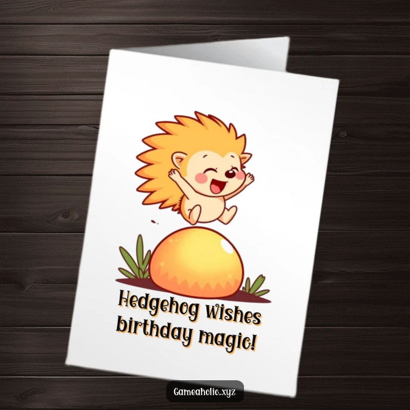 Funny Free Printable birthday card showing a cheerful hedgehog leaping joyfully over a giant, glowing mushroom, radiating pure birthday excitement.