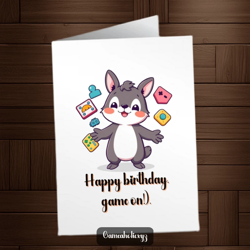 Funny Free Printable Birthday Card: A playful animal character skillfully juggles colorful abstract icons of popular video games.