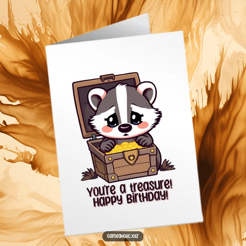 Funny Free Printable birthday card showing a surprised badger with heart eyes gazing lovingly at an open treasure chest full of goodies.