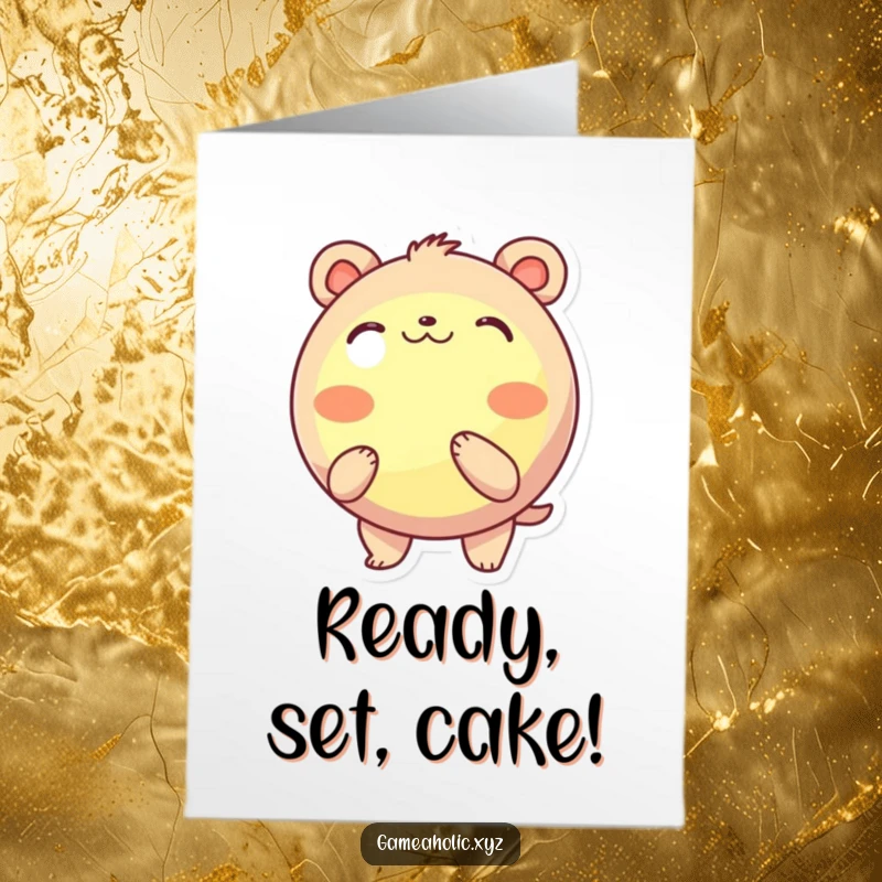 Funny Free Printable Birthday Card: A round, rosy-cheeked animal character excitedly pressing a large, glowing button, full of anticipation.