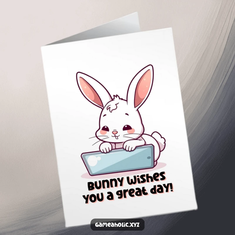 Funny Free Printable Birthday Card: Bubbly bunny intensely focused on a glowing screen, eyes wide with digital obsession, ready for a laugh.
