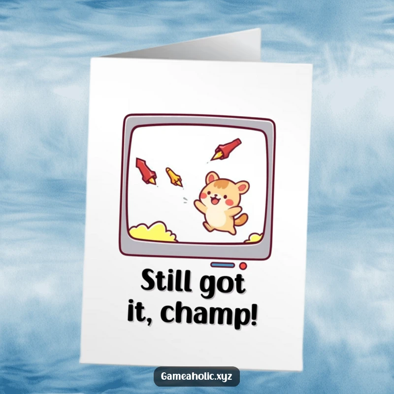 Funny Free Printable Birthday Card featuring a cute animal character dodging game projectiles with a gleeful expression, ready to print.