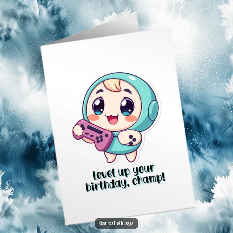 Funny Free Printable Birthday Card: Round character with big eyes, joyfully gripping a game controller, ready to play.