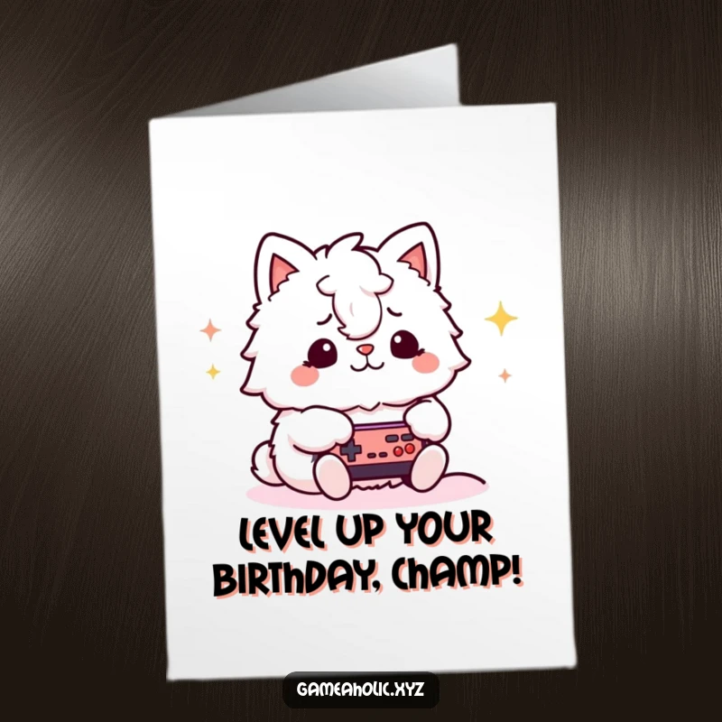 Funny Free Printable Birthday Card: Fluffy gamer animal intensely focused on video game, ready to celebrate.
