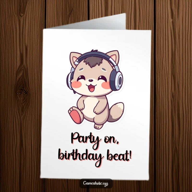 Funny Free Printable Birthday Card: Cheerful animal with big headphones tapping its foot, enjoying the birthday beat.