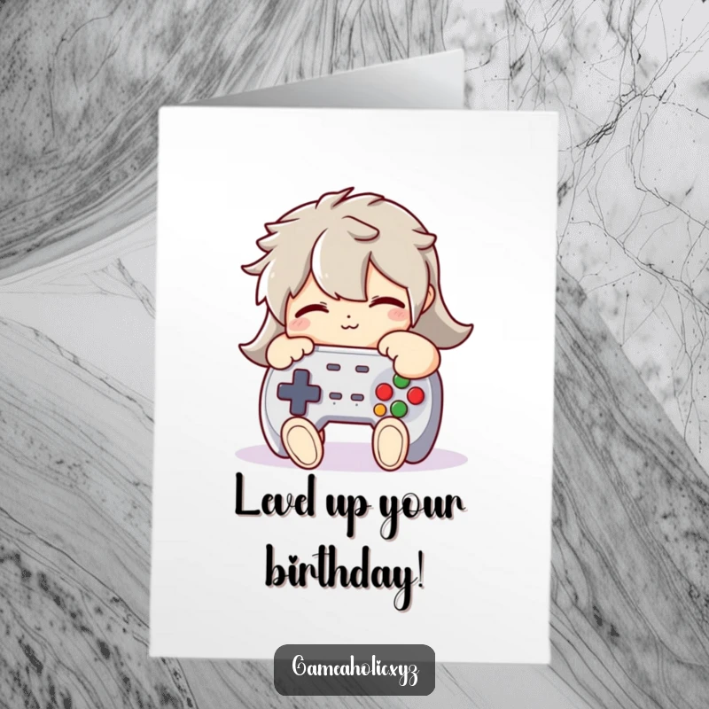 Funny Free Printable Birthday Card: Character tightly hugging a large, plush video game controller with pure affection.