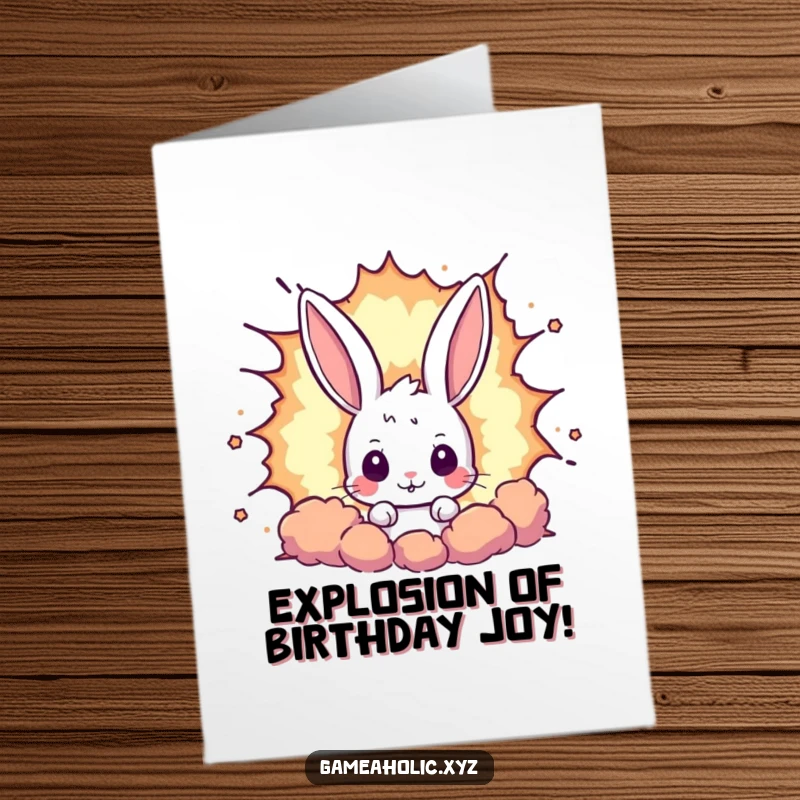 Funny Free Printable birthday card, curious rabbit peeking from behind a huge pixelated explosion, celebrating with gaming humor.