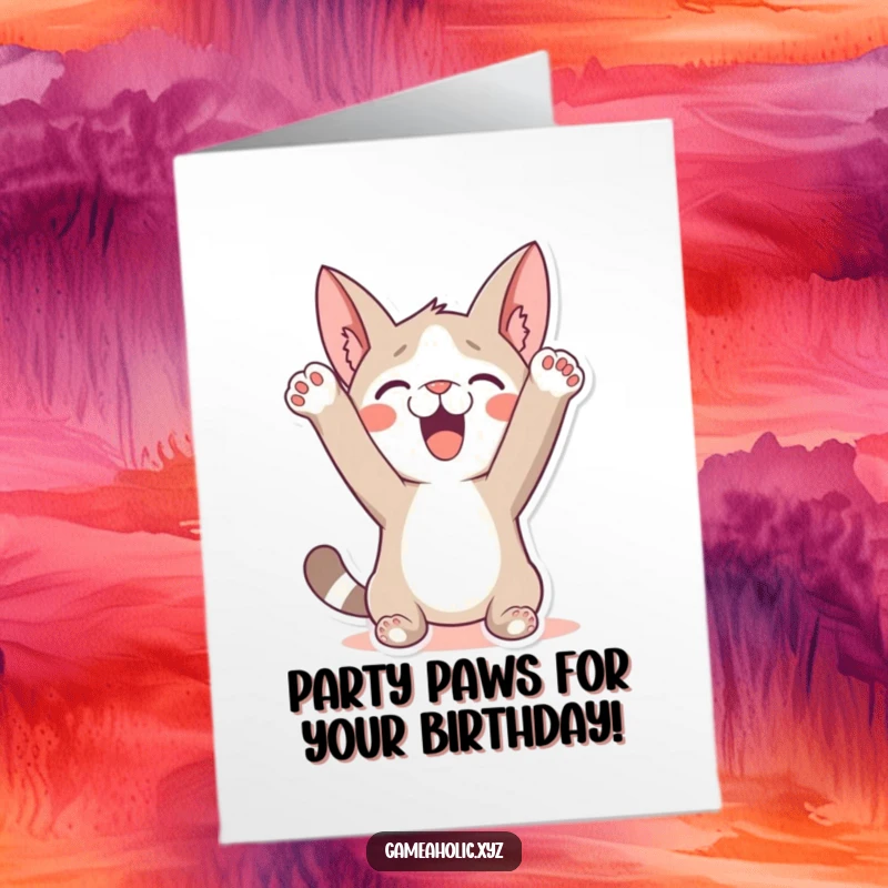 Funny Free Printable Birthday Card: Character with paws raised high in the air, exulting in a triumphant win.