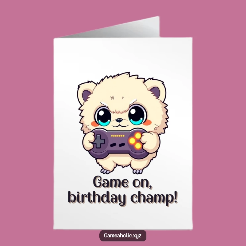 Free Printable Funny Gamer Birthday Card: Fuzzy Creature Button Mashing Downloadable Gift
