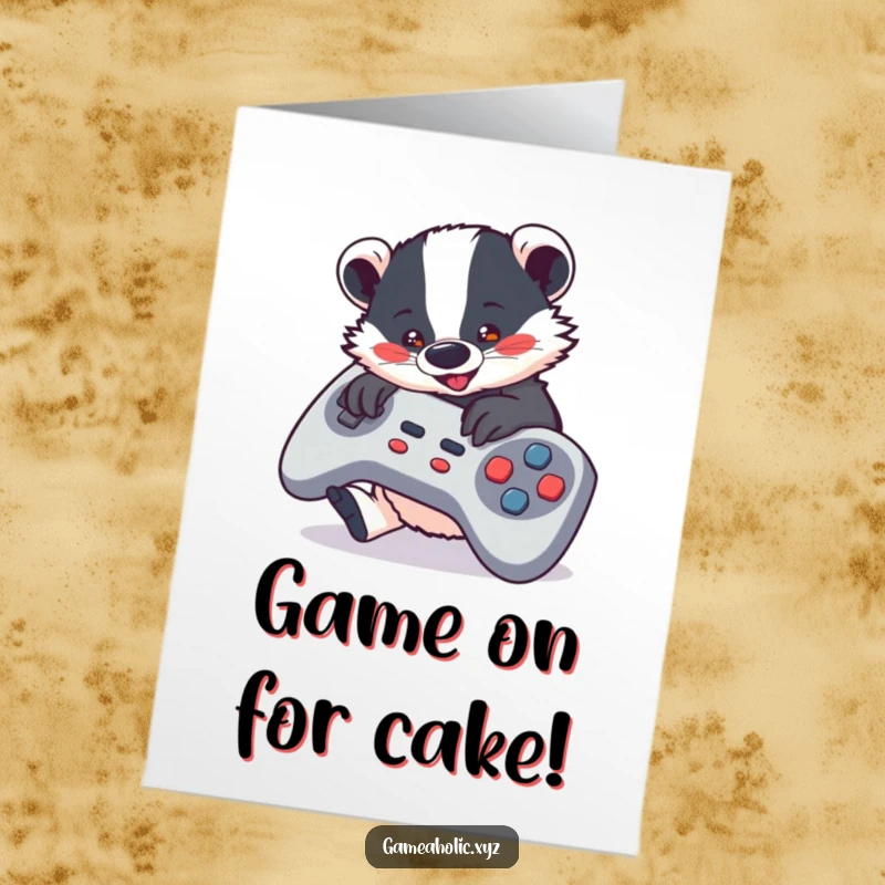 Funny Free Printable Birthday Card showing a cute badger furiously mashing buttons on a giant video game controller.