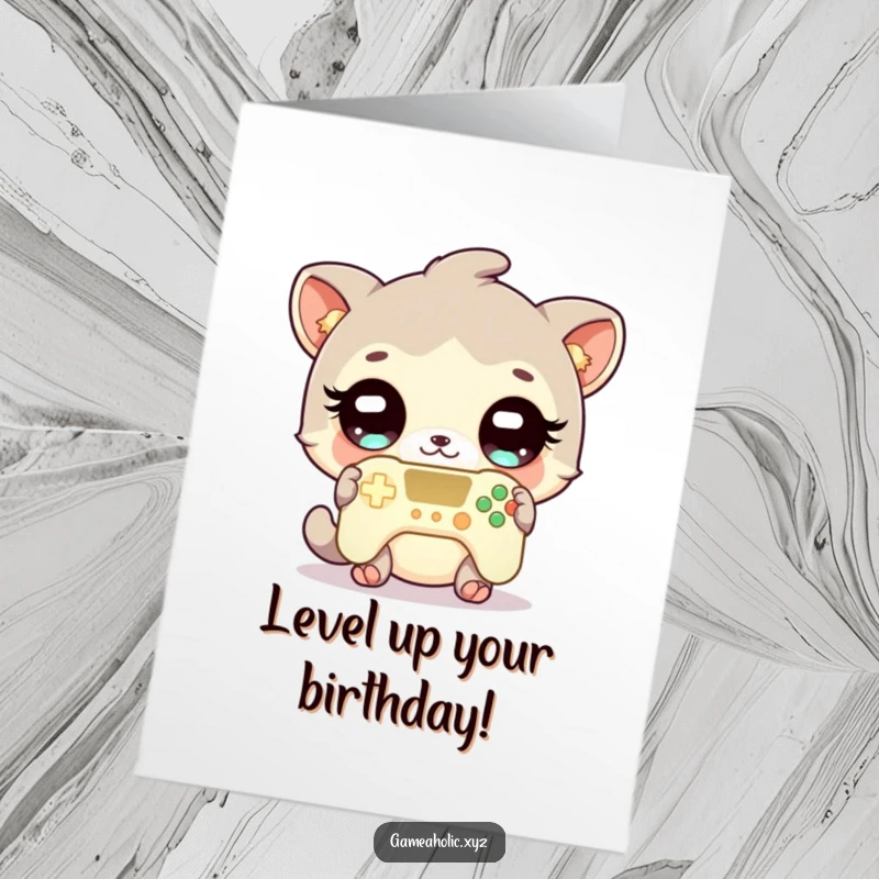 Funny free printable birthday card featuring a cute animal with wide, sparkling eyes, enthusiastically holding a glowing game controller, ready to play.