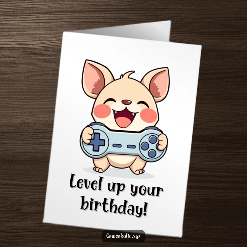 Funny Free Printable Birthday Card: Creature with large ears gleefully holding a game controller for a birthday.