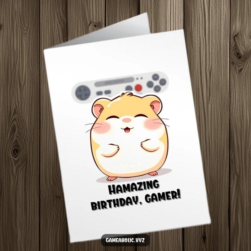 Funny Free Printable Birthday Card: Round hamster with rosy cheeks, eyes closed in absolute bliss from gaming.