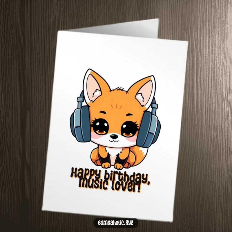 Funny Free Printable Birthday Card: Adorable kawaii fox wearing huge headphones, eyes sparkling with pure musical ecstasy.