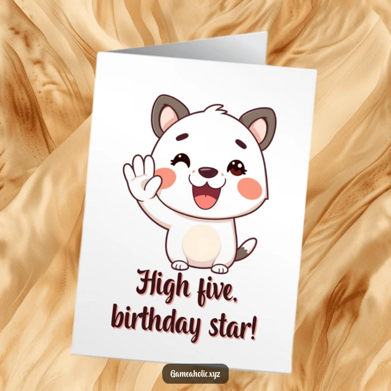 Funny Free Printable Birthday Card: An animal character beams, offering a cheerful virtual high-five.