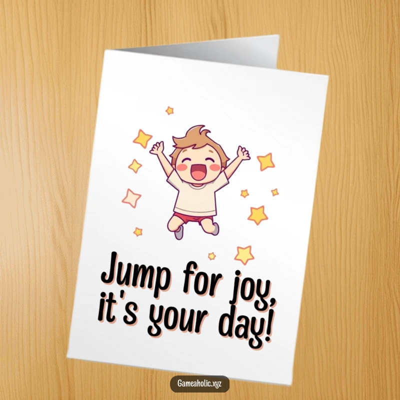 Funny Free Printable Birthday Card: A character leaps with joy amidst pixelated stars, celebrating a gaming win.